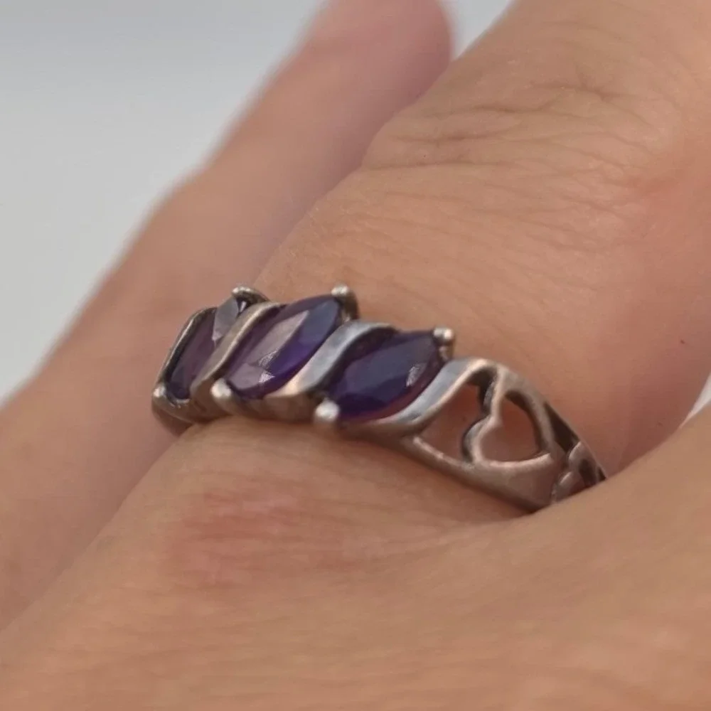 925 Sterling Silver Marquise Amethyst Heart Cutout Ring Size 8 Purple Gemstone